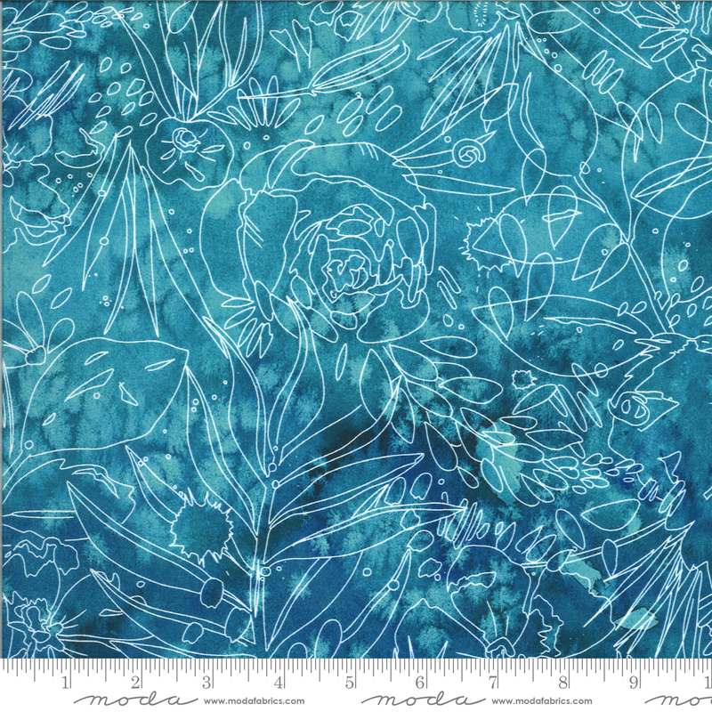 Moda Moody Bloom Digital Teal Outlined Flowers 8447 15D